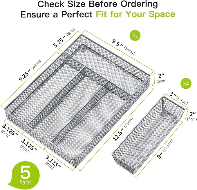 Neudeco Drawer Organizer Set 5 Pack - 4-Compartment Silverware Organizer Tray + 4 Utensil Trays, Kitchen Drawer Organizer for Flatware, Cutlery, Office Supplies, Silver Mesh, Non-Slip,Silver
