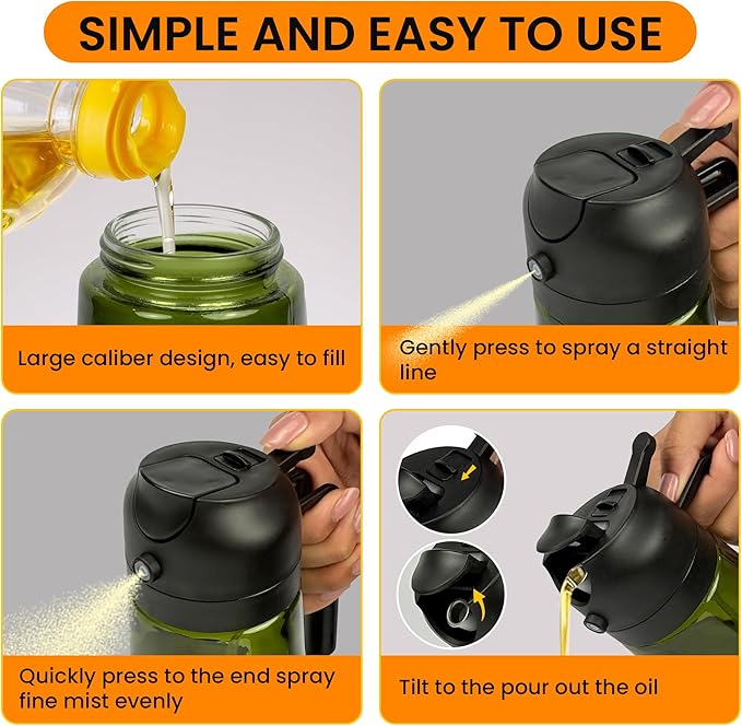 Oil Dispenser, 2 In 1 Cooking Oil Sprayer and Pourer, Non-Drip Spout for Kitchen Oil, Air Fryer, Salad, Grill, 16oz/470ml with Silicone-Encased Base (Black Cap, Green Bottle)