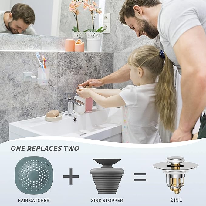 Universal 2 in 1 Bathroom Sink Stopper, Pop Up Bathroom Sink Drain Strainer with Anti-Clogging Filter Basket