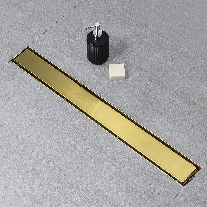 SaniteModar Linear Shower Drain, Gold Shower Drain 54 inch with Invisible 2 in 1 Tile Insert Panel