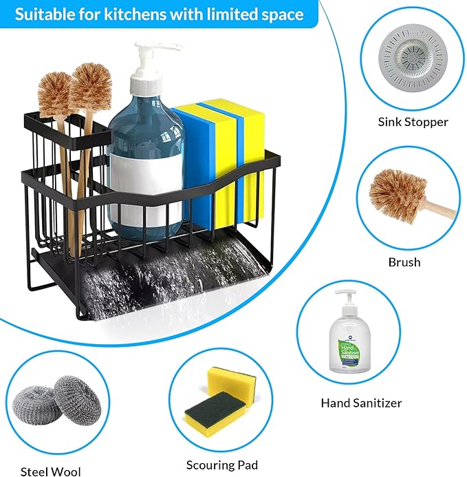Rustproof Stainless Steel Sponge Holder for Kitchen Sink – Large Sink Caddy Organizer with Rotating Drain Spout & High Brush Holder – No-Drip Kitchen Sink Organizer for Soap Dispenser.