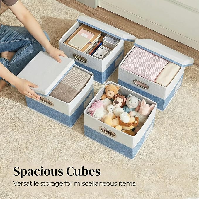 PRANDOM Storage Bins [3-Pack] Linen Foldable Boxes - Blue & White