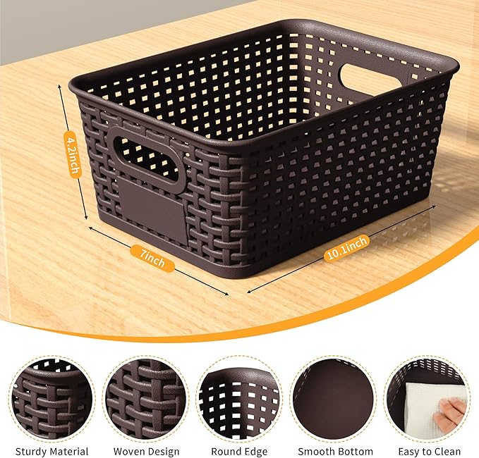 Brown Plastic Storage Baskets - Pack of 8 with Labels Stackable Durable Storage Bins, Storage Containers for Organizing Desktops, Closets, Playrooms