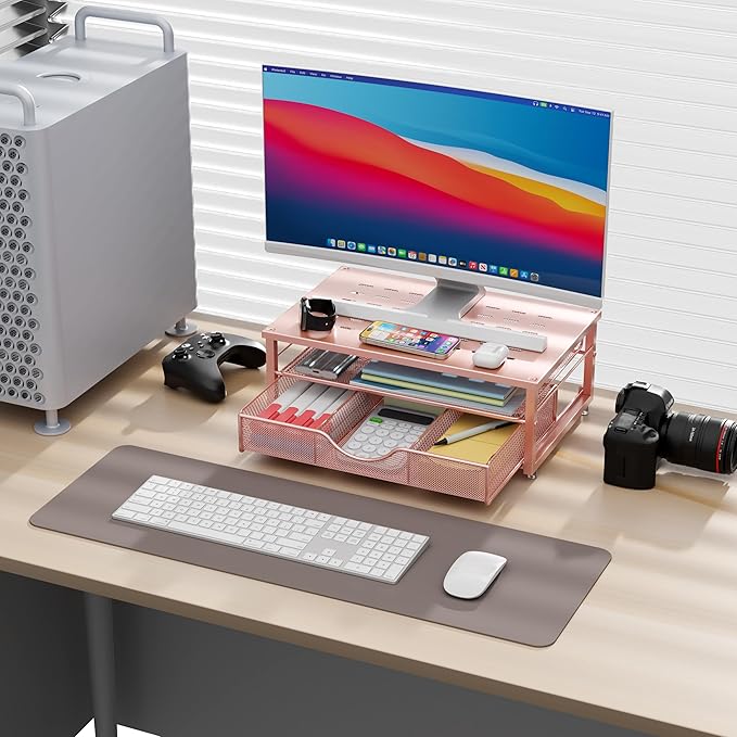 Computer Monitor Stand Riser, Office organizer with Drawer, Rose