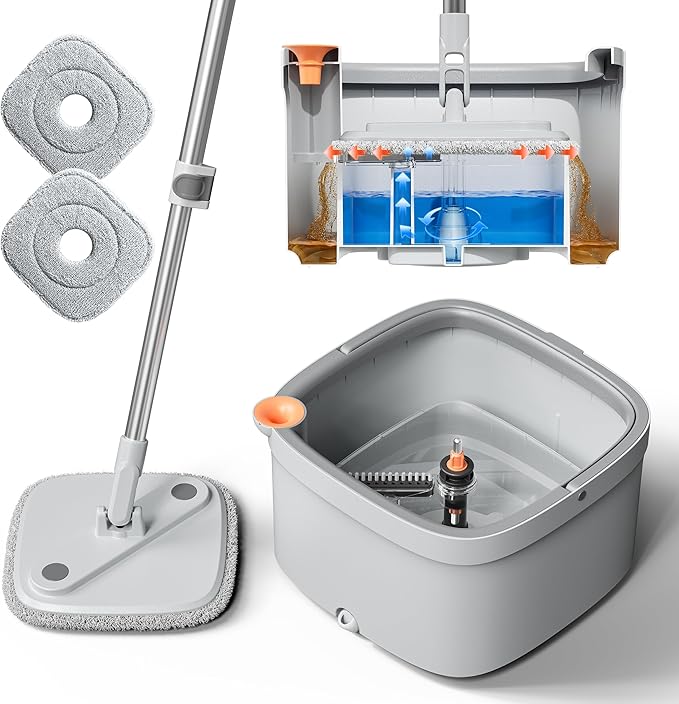 KZKR Spin Mop and Bucket Set with Self Separation Dirty and Clean Water System, Self Wringing 360° Rotating Square Mop Head for Home Floors Cleaning (1.0 Mop and Bucket Set (2 Pads))