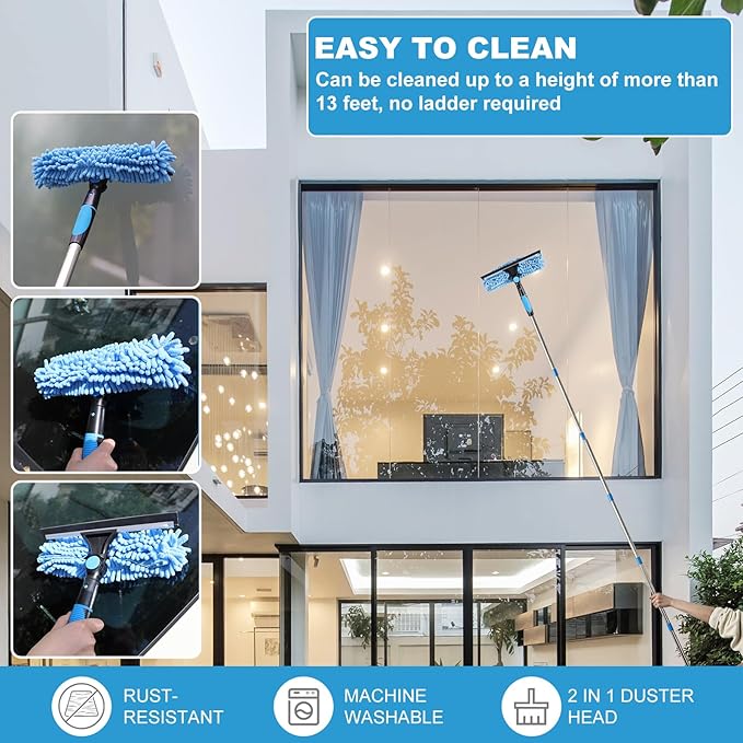 High Reach Duster Kit with14 ft Extension Pole High Ceiling Dusting and Window Cleaning Kit with Spliceable Pole - Cobweb Duster, Fan Blade