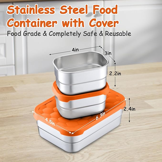 Homikit 3 Pack Kids Lunch Box Set, 18/10 Stainless Steel Bento Boxes with Silicone Lids Leak Proof