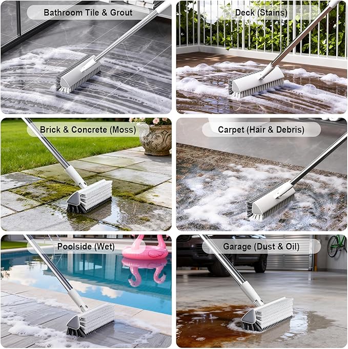 Floor Scrub Brush with Long Handle, Heavy-Duty Stiff Bristles, V-Shape Floor Scrubber Brush for Tile, Concrete & Grout Lines, Stand-Up Cleaning for Garage, Bathroom, Deck & Patio