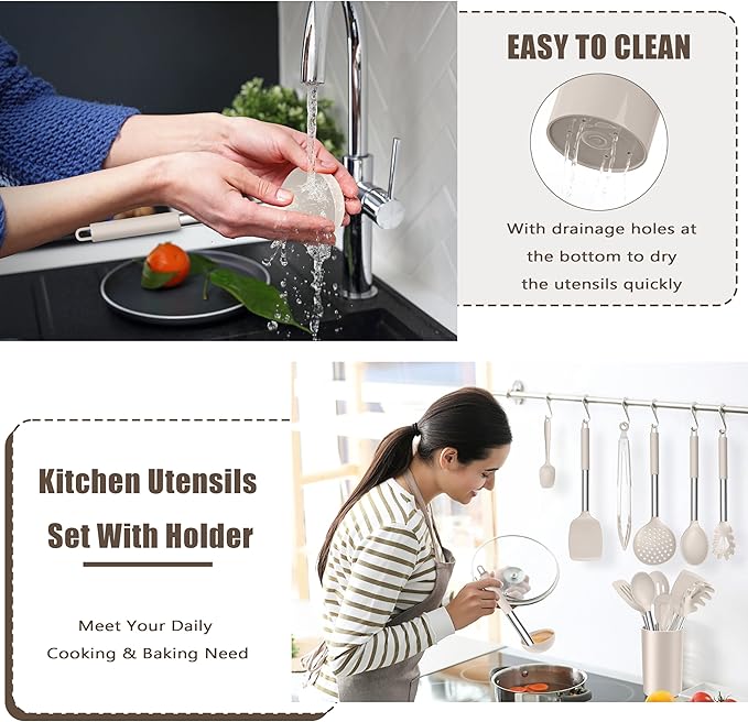 E-far 14 Pieces Silicone Cooking Utensils Set, Kitchen Utensils Set with Holder, Spatula, Ladle, Spoon, Tong, Slotted Turner for Nonstick Cookware, Heat Resistant & Stainless Steel Handle, Khaki