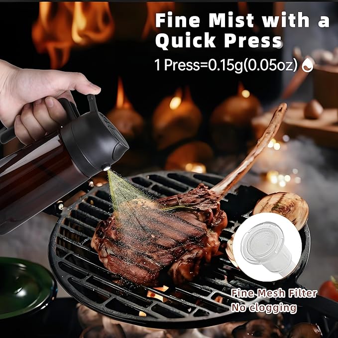 Olive Oil Dispenser, Sprayer for Cooking 2 in 1- Spray and Pour, Premium Dark Black Glass Oil Bottle, 16oz/470ml Light-Blocking Dark Oil Sprayer, for Air Fryer, BBQ, Salad
