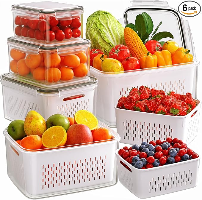 6 PCS Fruit Storage Containers for Fridge with Removable Colanders, 6 Plastic Food Storage Containers with 6 Lids