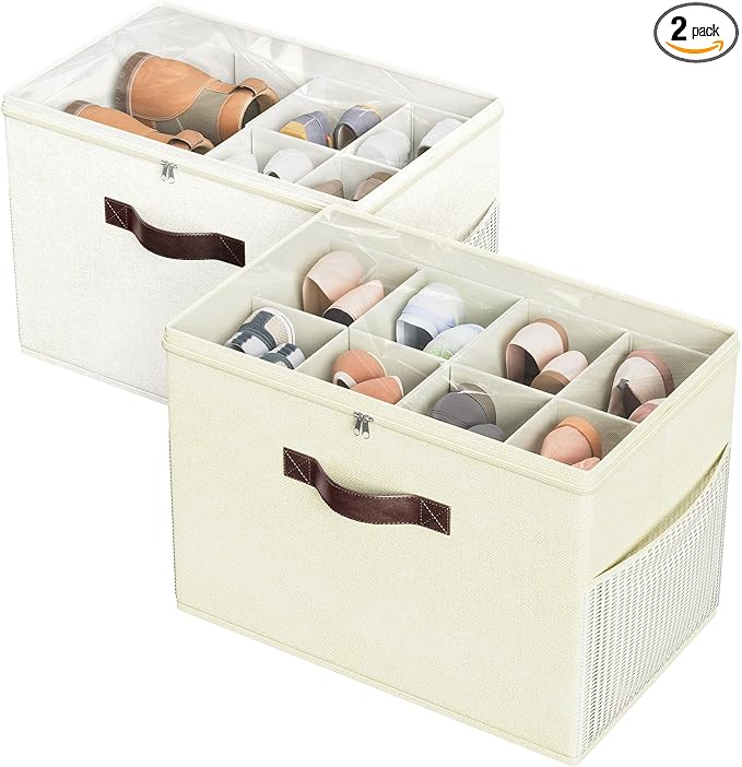 Budding Joy 2 Pack Shoe Organizer for Closet, Clear Foldable Shoe Storage Containers Adjustable Dividers Fits 16 Pairs