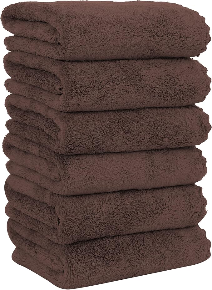 MOONQUEEN 6 Pack Premium Hand Towels - Quick Drying - Microfiber Coral Velvet Highly Absorbent Towels - Multipurpose Use as Hotel, Bathroom, Shower, Spa, Hand Towel 16 x 28 inches (Wood Brown)