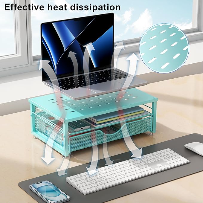 Computer Monitor Stand Riser, Office organizer with Drawer, Blue