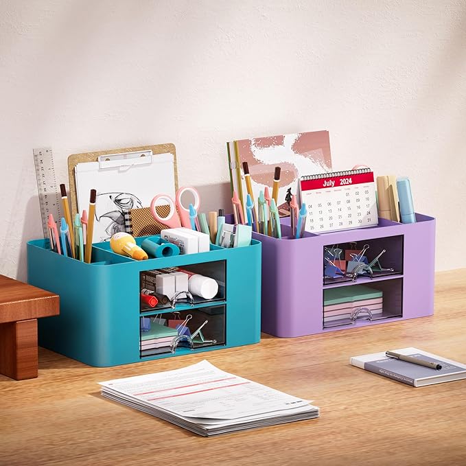 Marbrasse Pen Organizer with 2 Drawer, Multi-Functional Pencil Holder for Desk, Desk Organizers and Accessories with 5 Compartments + Drawer for Office Art Supplies (Dark Green)