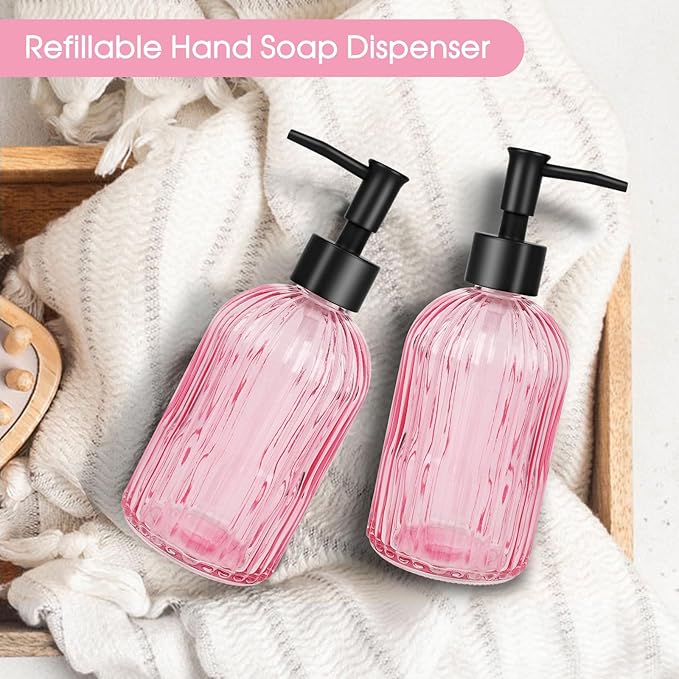 2 Pack Stripe Glass Soap Dispenser with Black Plastic Pump, 400ml Liquid Hand Soap Dispenser, Rustproof Pump for Kitchen & Bathroom, Great for Lotions, Essential Oil, Liquid Soaps- (Pink)