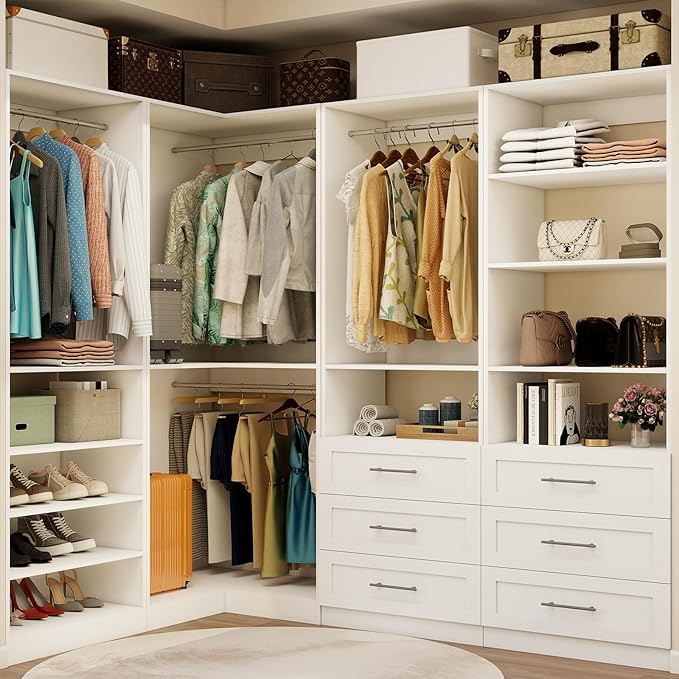 Vomavex Closet System with 4 sets, 101.9" Closet Organizer Systems with 6 Drawers & 8 Hanging Rods & Adjustable Shelves