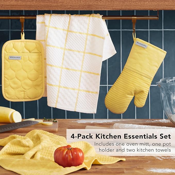 KITCHENAID Quilted Cotton Terry Cloth Oven Mitt, Pot Holder, Kitchen Towel 4-Pack Set, Heat Resistant, Silicone Grip, 16"x26", 7"x13" & 7"x10", Butter Yellow
