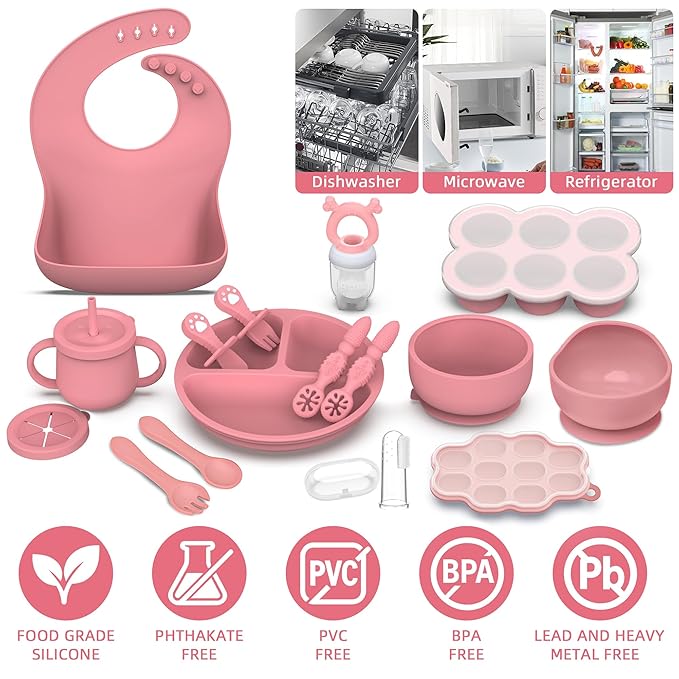 16 Pack Silicone Baby Feeding Set, BPA-Free Baby LED Weaning Supplies, Include Suction Plates, Baby Bowls, Silicone Fork & Spoon, and More, First Stage Baby Food Eating Utensils - 6+ Months(Pink, 16)