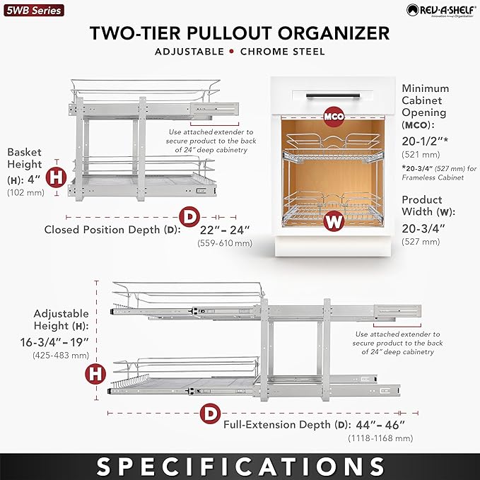 Rev-A-Shelf 2 Tier Kitchen Cabinet Pullout Shelf and Drawer Organizer Slide Out Pantry Storage Basket in Multiple Sizes, 21 x 22 In, 5WB2-2122CR-1