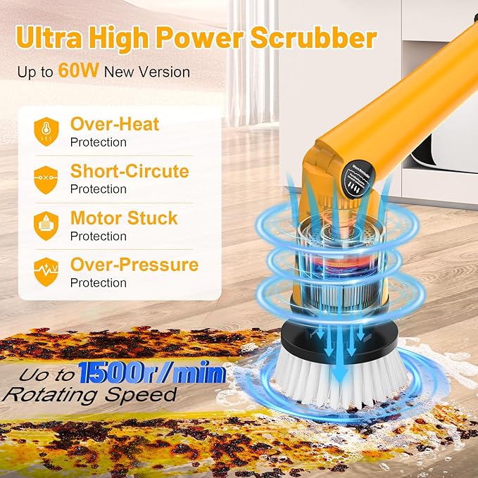 1500 RPM Electric Spin Scrubber for DeWalt 20V Battery, Power Shower Scrubber for Bathroom/Floor/Bathtub/Toilet/Tile,Electric Cleaning Brush with Long Handle & 8 Replaceable Brush (Yellow)