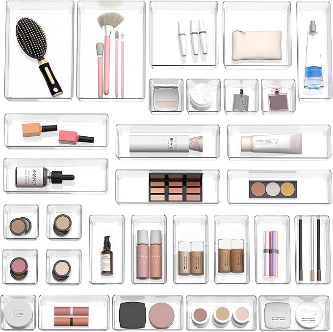 Simple Houseware 30 PCS Clear Plastic Drawer Organizers Set, 5-Size for Makeup