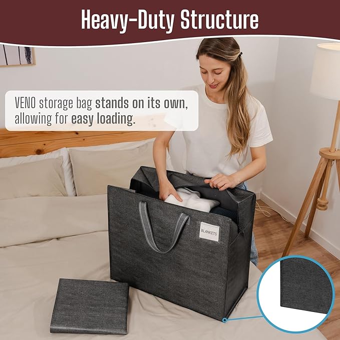 VENO 4 Pack Heavy Duty Moving Bags, Storage Bags, Packing Supplies, Top Zipper, Storage Totes for Camping, Clothes, Bedding, Comforters, Pillows (22 Gallon Dark Gray, 4 Pack)