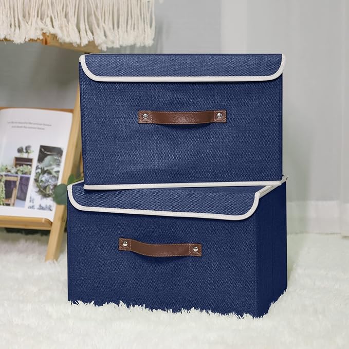 ANMINY Storage Bin with Lid Storage Boxes with PU Leather Handles PP Plastic Board Decorative Foldable Lidded Cotton Linen Fabric Home Cubes Baskets