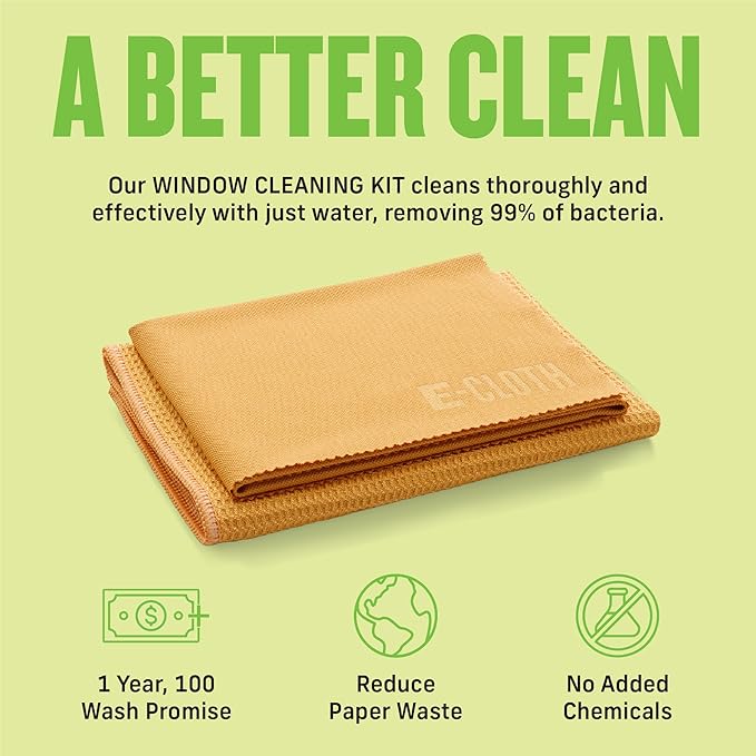 E-Cloth Microfiber Window Cleaning Cloth Kit - Glass Cleaning Cloth for Windows, Mirrors, Cars, Lenses, Eyeglasses, & More, Streak Free Clean