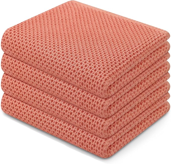 Homaxy 100% Cotton Waffle Weave Kitchen Dish Towels, Ultra Soft Absorbent Quick Drying Cleaning Towel, 13 x 28 Inches, 4-Pack, Coral