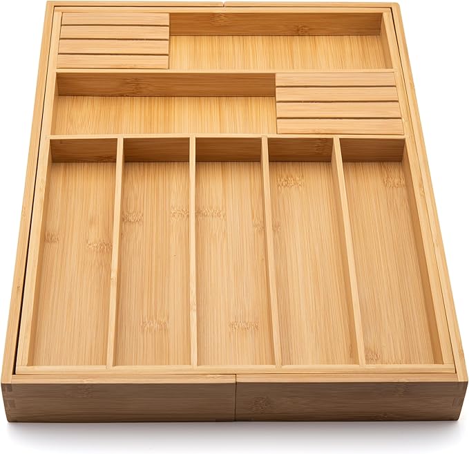 Bamboo Drawer Organizer with Knife Blocks - Silverware Organizer & Utensil Drawer Organizer, Cutlery Tray with Dividers, 7-9 Slots- Premium Kitchen Organizer for Utensils & Flatware (Natural)