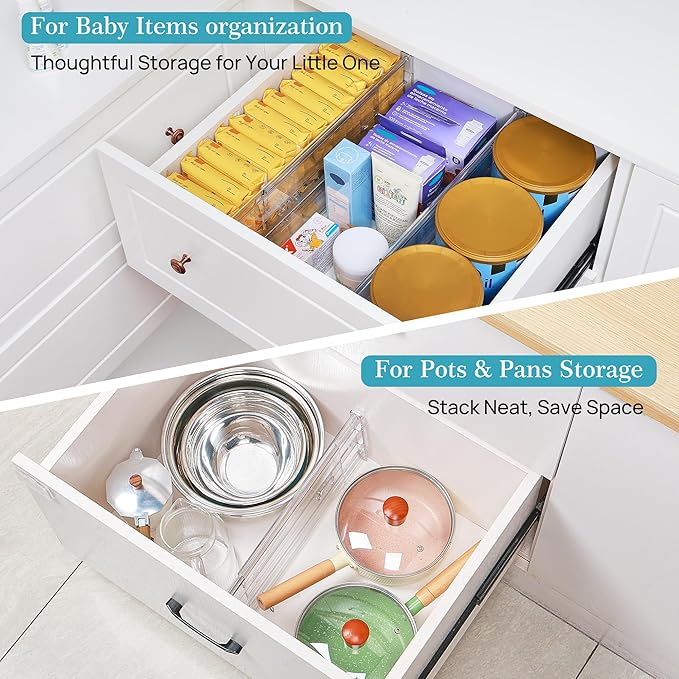 Vtopmart 4 Pack 6" Tall Upgrade Drawer Dividers for Big and Deep Drawer, 12.8"-22.3" Adjustable Expandable Dresser Drawer Organizer, Clear Plastic Separators for Dresser, Baby Supplies, Kitchenware