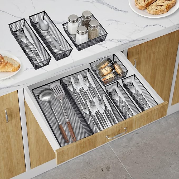 Drawer Organizer, Silverware Tray, 5 Compartment Cutlery Tray, Black Pack 5