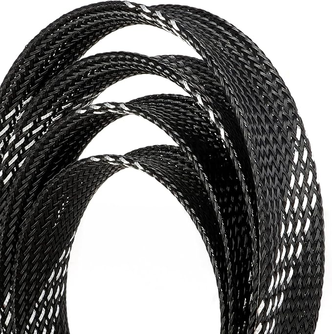 25ft PET Expandable Braided Cable Sleeve 3/8inch(10mm) Pet Braided Cable Sleeve for Audio Video Device Wire Automotive Wire (Black Silvery)