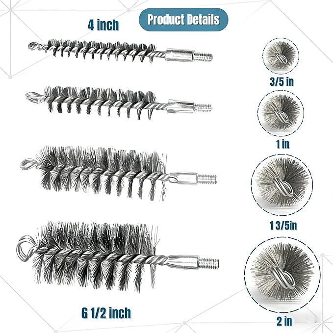 50 in Pipe Cleaning Kit, Stainless Steel Bristles Brush Set, Tube Brush with 4 Flexible Rods,Wire Brush with Hex Shank for Drill,4 PCS Pipe Brush for Auto Parts, Bottles, Tubes,Drain