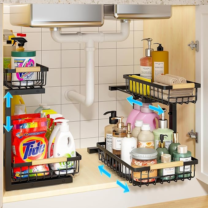 REALINN Under Sink Organizer, 2 Pack Height Adjustable Under Sink Organizers and Storage, 2 Tier Pull Out Drawer Cabinet Storage for Kitchen Bathroom