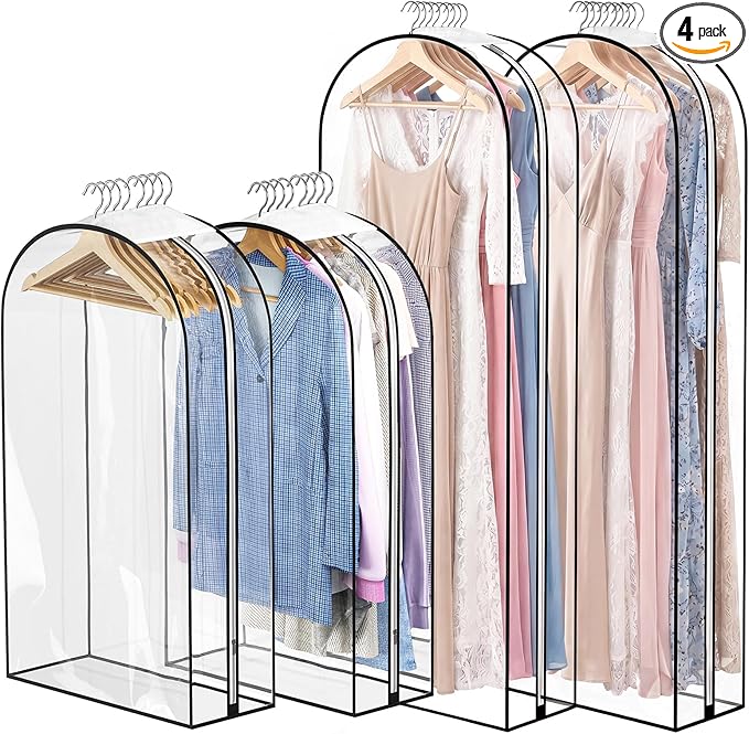 Dntorx 4 Pack Full Clear Garment Bags with Side Zipper, 40&60" Clothes Covers with 10" Gusset