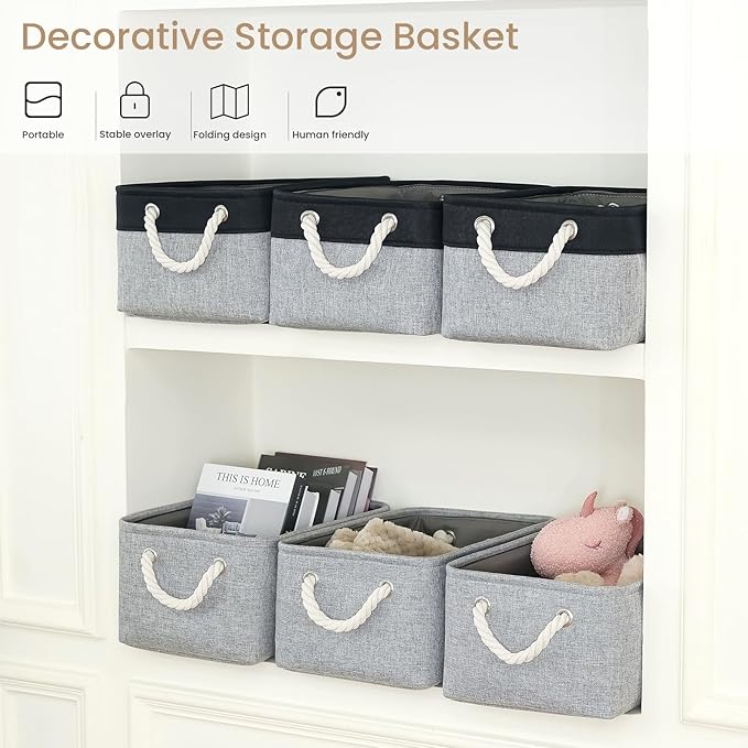 Storage Baskets for Shelves 13.8x9.8x6.7 Inch, Foldable Fabric Storage Bins with Handles, Small Storage Baskets for Organizing Closet, Office, Home Organization (1-Pack, Gray)