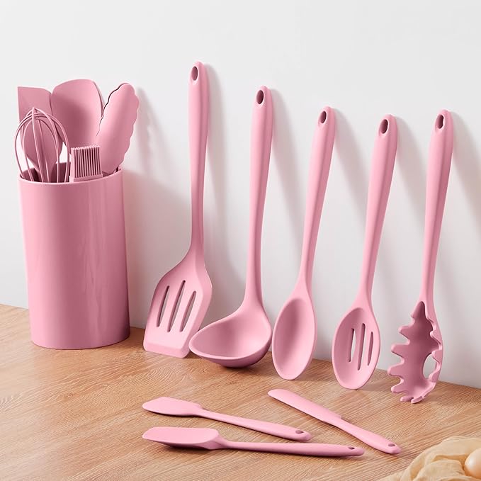 LIANYU 14 Pcs Kitchen Utensils Set, Silicone Cooking Utensils Spatula Set with Holder, Heat Resistant Cookware Tools Includes Spoon Turner Whisk Tong, Dishwasher Safe, Pink