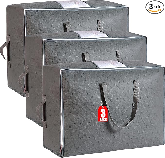 105L Extra Large Storage Bags for Blankets, King Comforters, Grey, 3pack