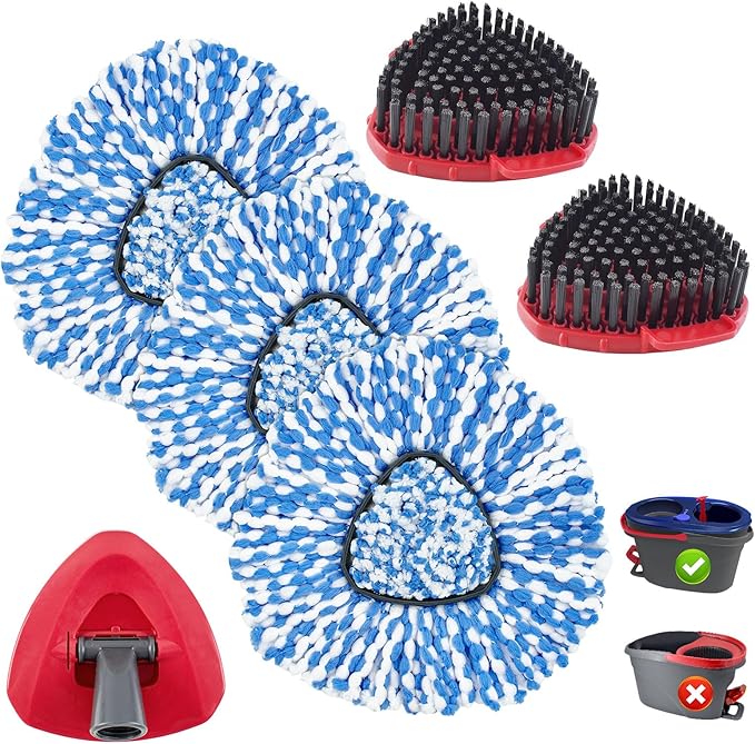 Mop Heads Replacements for O-Cedar RinseClean 2-Tank Spin Mop, Mop Replace Head for O Cedar, Spin Mop Heads for Ocedar Includes 3 Pack Mop Refills, 2 Upgrade Scrub Brush, 1 Mop Base for O-Cedar Mop