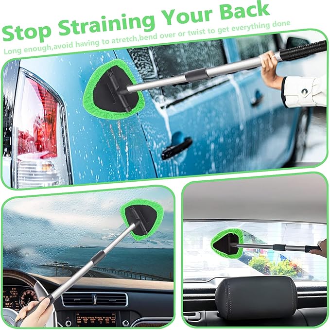Car Windshield Cleaning Tools, Expandable Car Window Cleaner kit with 4 Reusable Microfiber Pads, Bottles, Windshield Cleaning Wand Tool