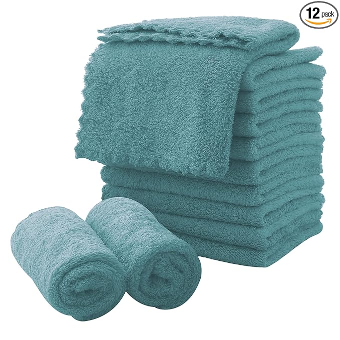 MOONQUEEN Microfiber Facial Cloths Fast Drying Washcloth 12 Pack - Premium Soft Makeup Remover Cloths - Teal