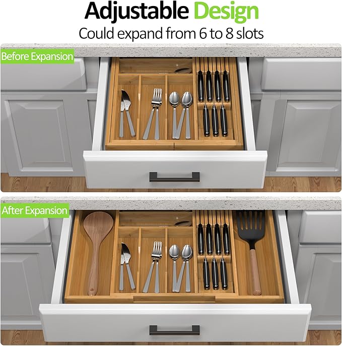 Bamboo Kitchen Drawer Organizer, Expandable Silverware Organizer with Removable Knife Block, 6-8 Slots- Utensil Holder & Cutlery Tray Drawer Dividers, 2.36" Deep for Extra Capacity, Natural