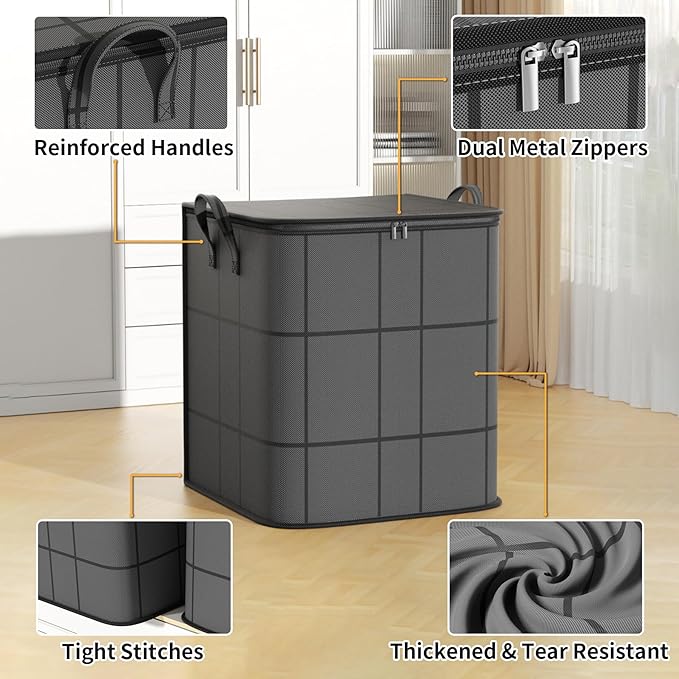 4 Pack Large Clothes Storage Bags, Comforter Storage organizers with lid, Clothing Storage Bins with Reinforced Handles, Sturdy Zippers, for Clothes & Bedding