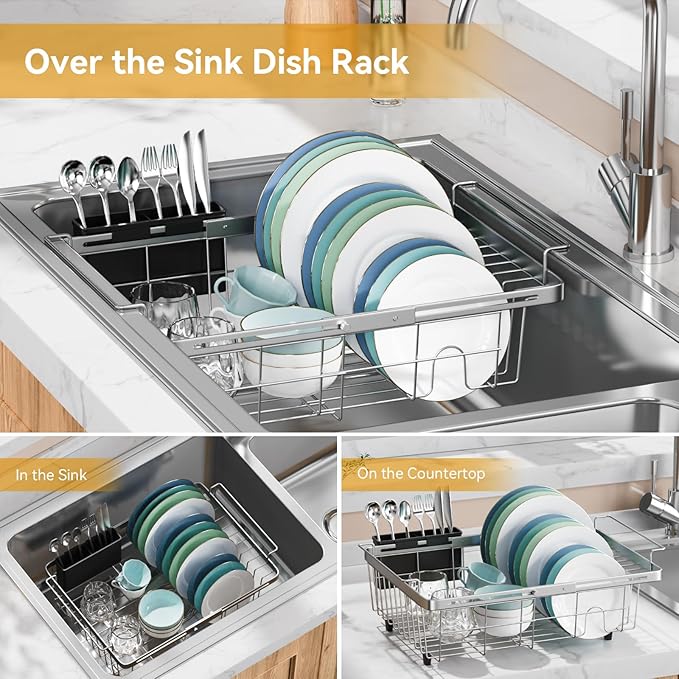 Expandable in Sink Dish Drying Rack, Adjustable Capacity (10.5''-16'') Stainless Steel Over The Sink Dish Drying Rack, Dish Drainer for Kitchen Sink Counter with Utensil Holder