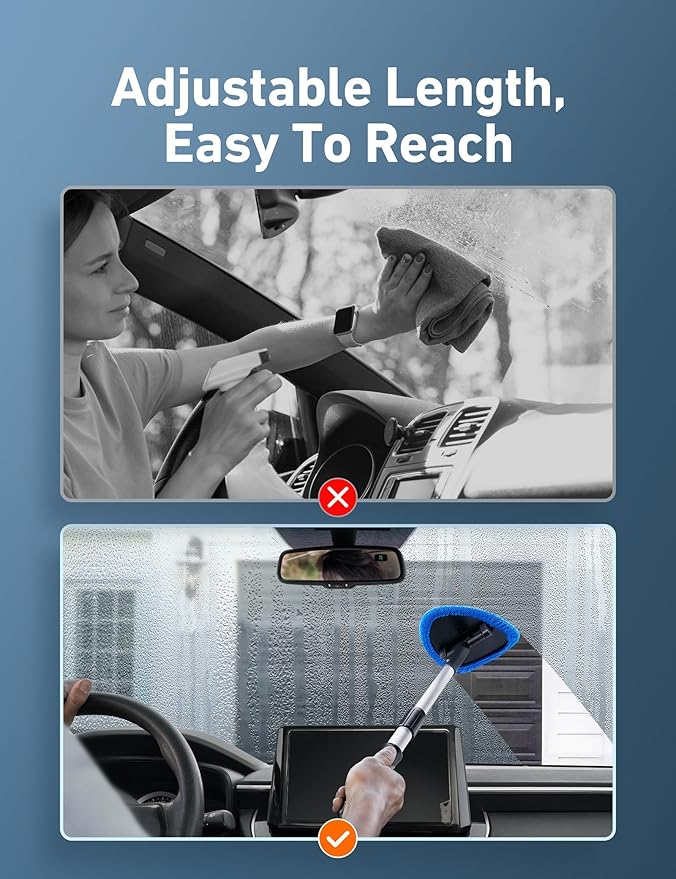 AstroAI 32" Windshield Cleaner Tool, Car Interior Window Detailing Cleaning Kit with Extendable Handle and 4 Easy-to-Install Reusable Microfiber Pads