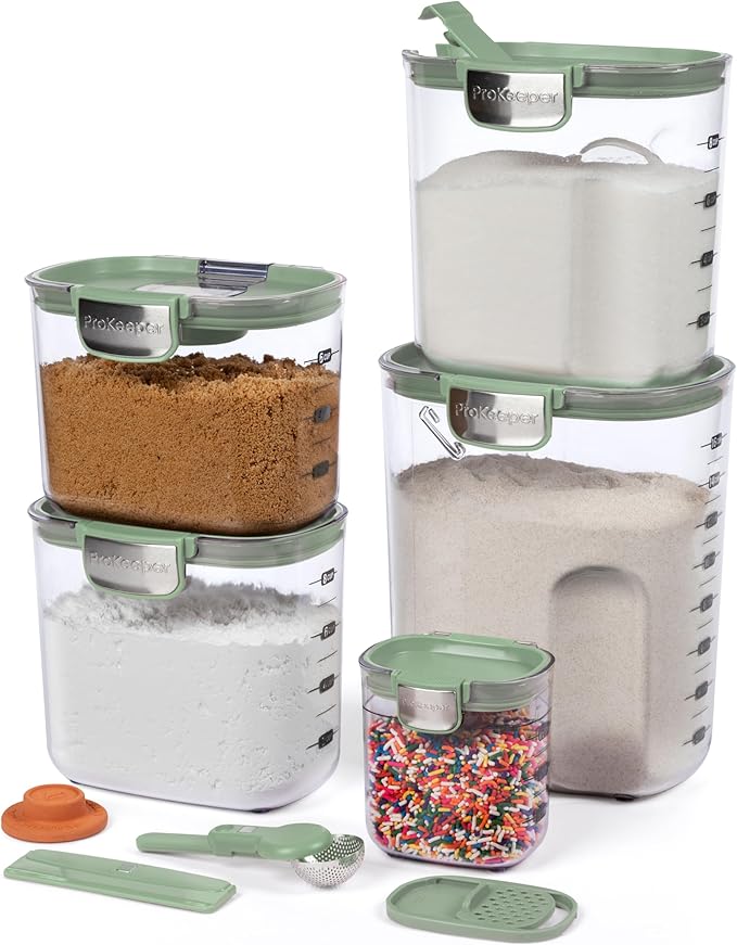 ProKeeper+ Airtight Food Storage Container Set – Clear Plastic Flour and Sugar Canister Set with Magnetic Accessories for Kitchen Organization (Pistachio, 9-Piece)