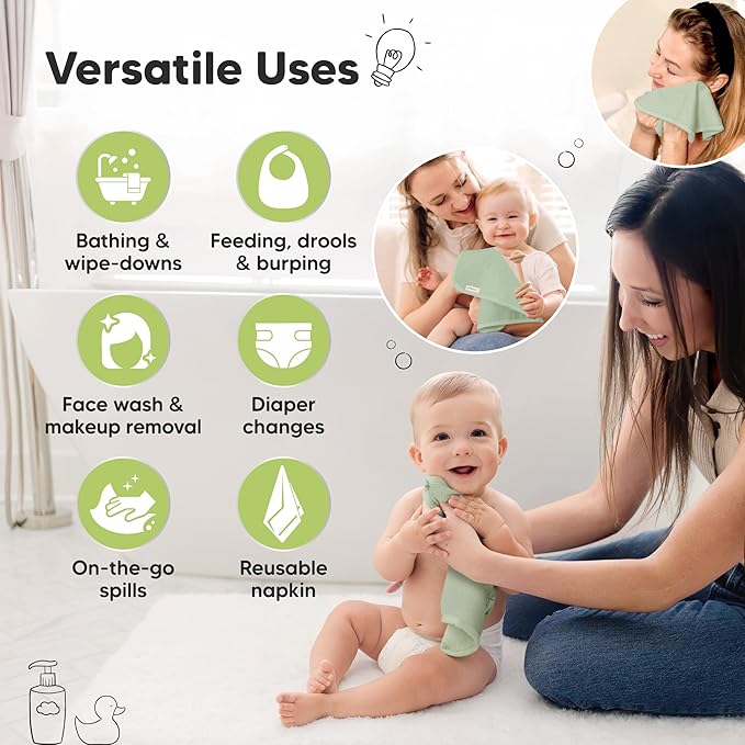 6-Pack Baby Washcloths – Soft Absorbent Viscose from Bamboo Washcloths for Face, Body, Baby Towels for Newborn, Kids, Toddlers, Infant, Gentle on Sensitive Skin, 10x10 Reusable Face Towels (Pistachio)