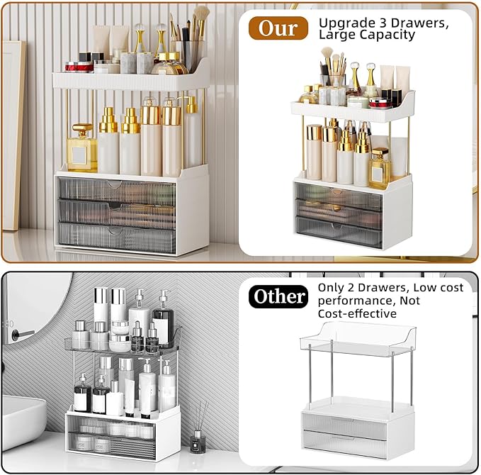 Strong 3 Drawers Bathroom Counter Organizer, 5 Tier Makeup Organizer